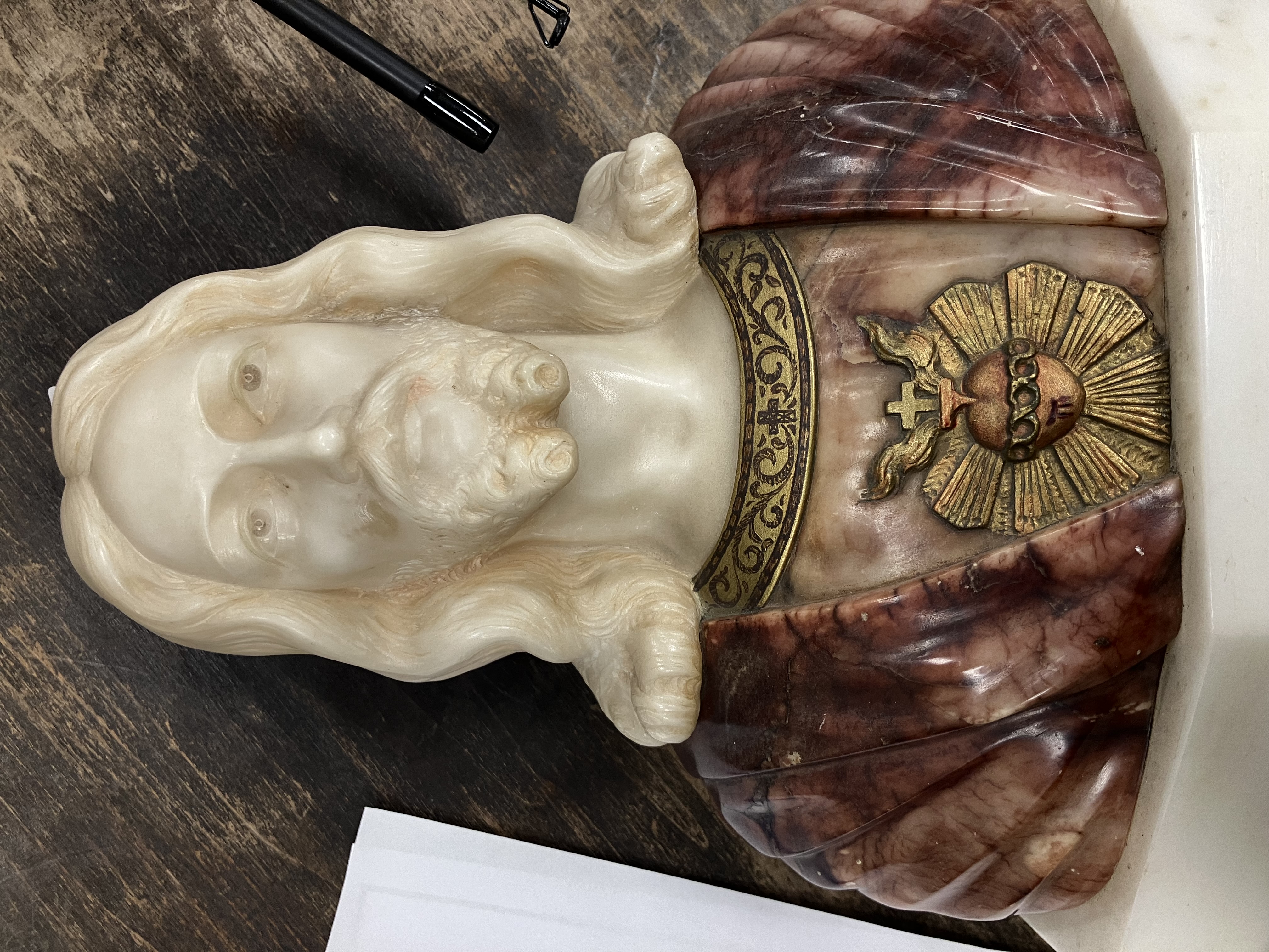 An alabaster carved figural bust of Christ with sacred heart motif at his breast, - Image 4 of 28