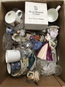 A box of assorted modern china and glass to include Royal Worcester mugs,