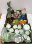 Two boxes containing various china wares including a Doulton Lambeth miniature cruet set (five