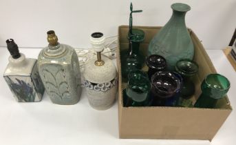 Three late 20th Century studio pottery lamp bases of varying designs, including one by Jano Clarke,