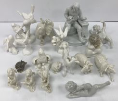 A collection of blanc de chine type figurines / ornamental wares to include a Meissen calf,