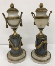 A pair of 19th Century alabaster, marble and gilt brass miniature urns on columns,