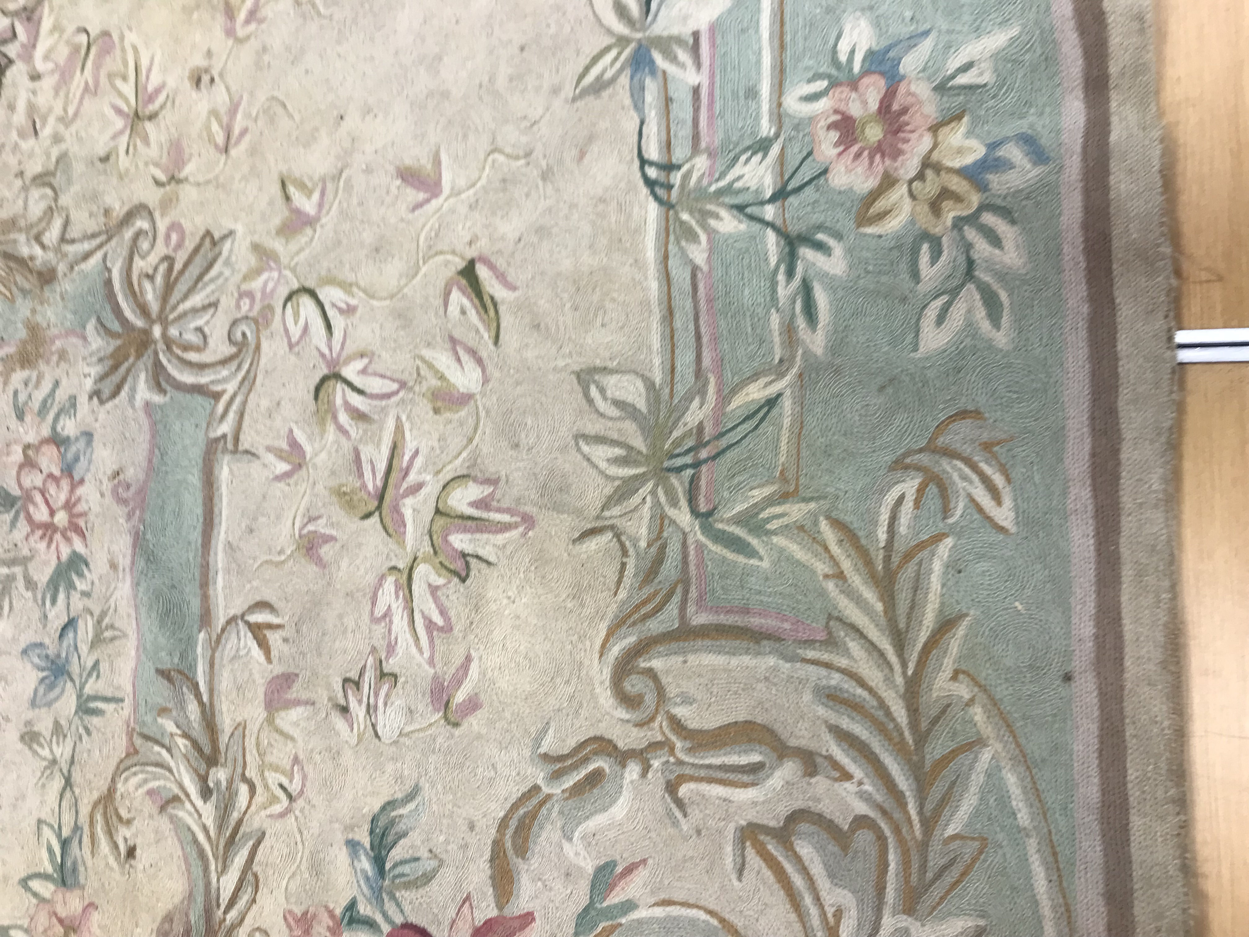 A crewelwork carpet/panel, the cream and green ground set with scrolling foliate design approx. - Image 10 of 16