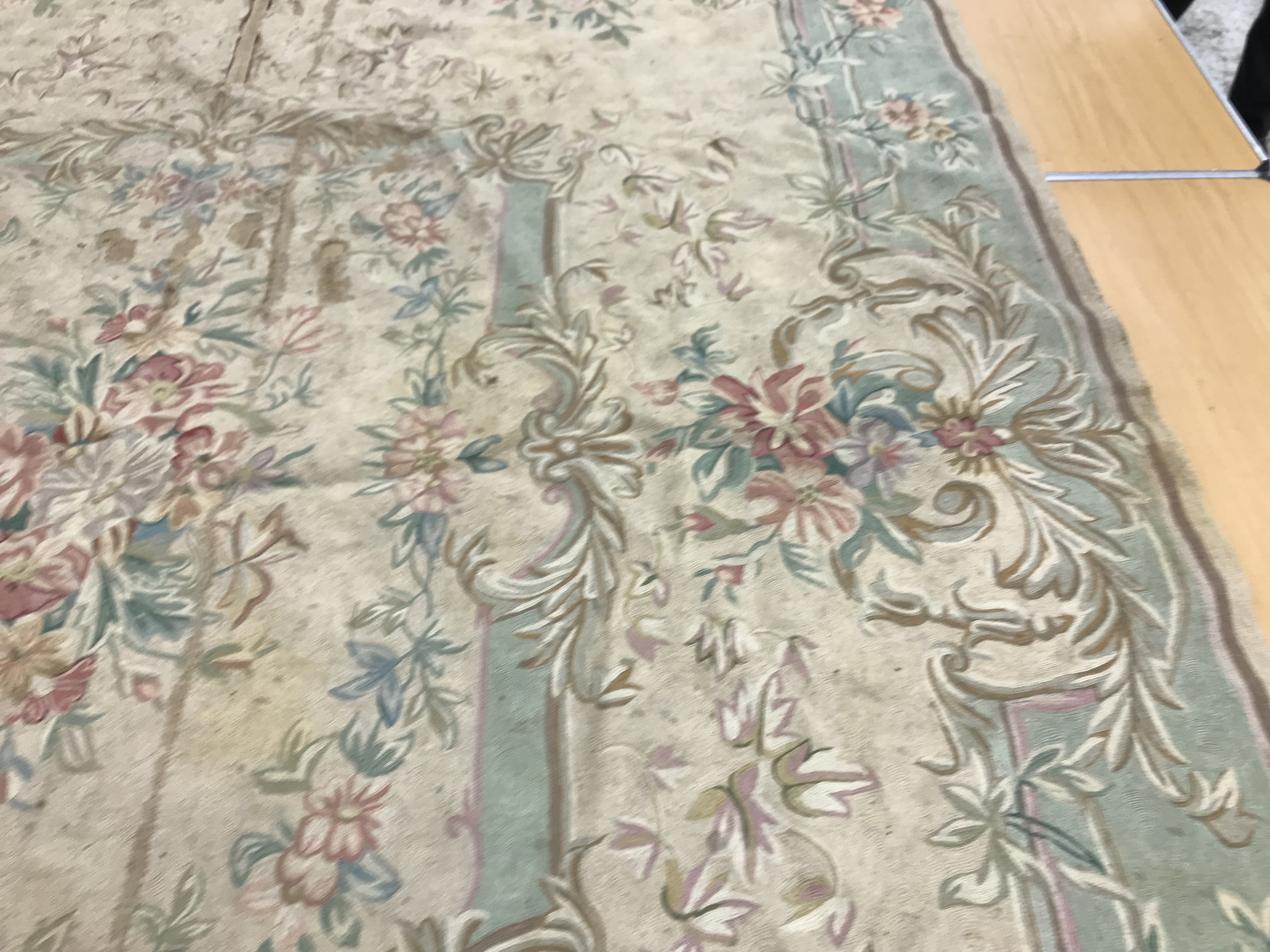 A crewelwork carpet/panel, the cream and green ground set with scrolling foliate design approx. - Image 7 of 16
