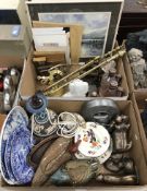 Two boxes of sundry items to include Frith cats, Victorian treacle glazed sash window holder,