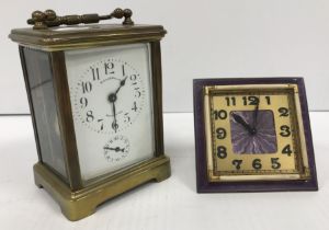 A Continental Art Deco mauve guilloche enamel decorated bedside clock,