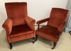 A Victorian upholstered open arm chair on turned and ringed front legs to brass caps and castors,