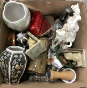 Ten boxes of assorted sundry items to include various decorative china, cameras, clock, glassware,