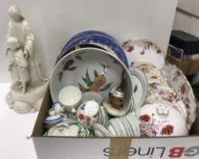A box of various china wares to include five Maling willow pattern transfer decorated plates,