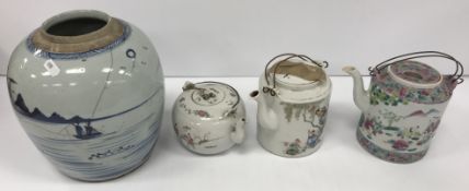 A 19th Century Chinese blue and white ginger jar (missing lid), 22.