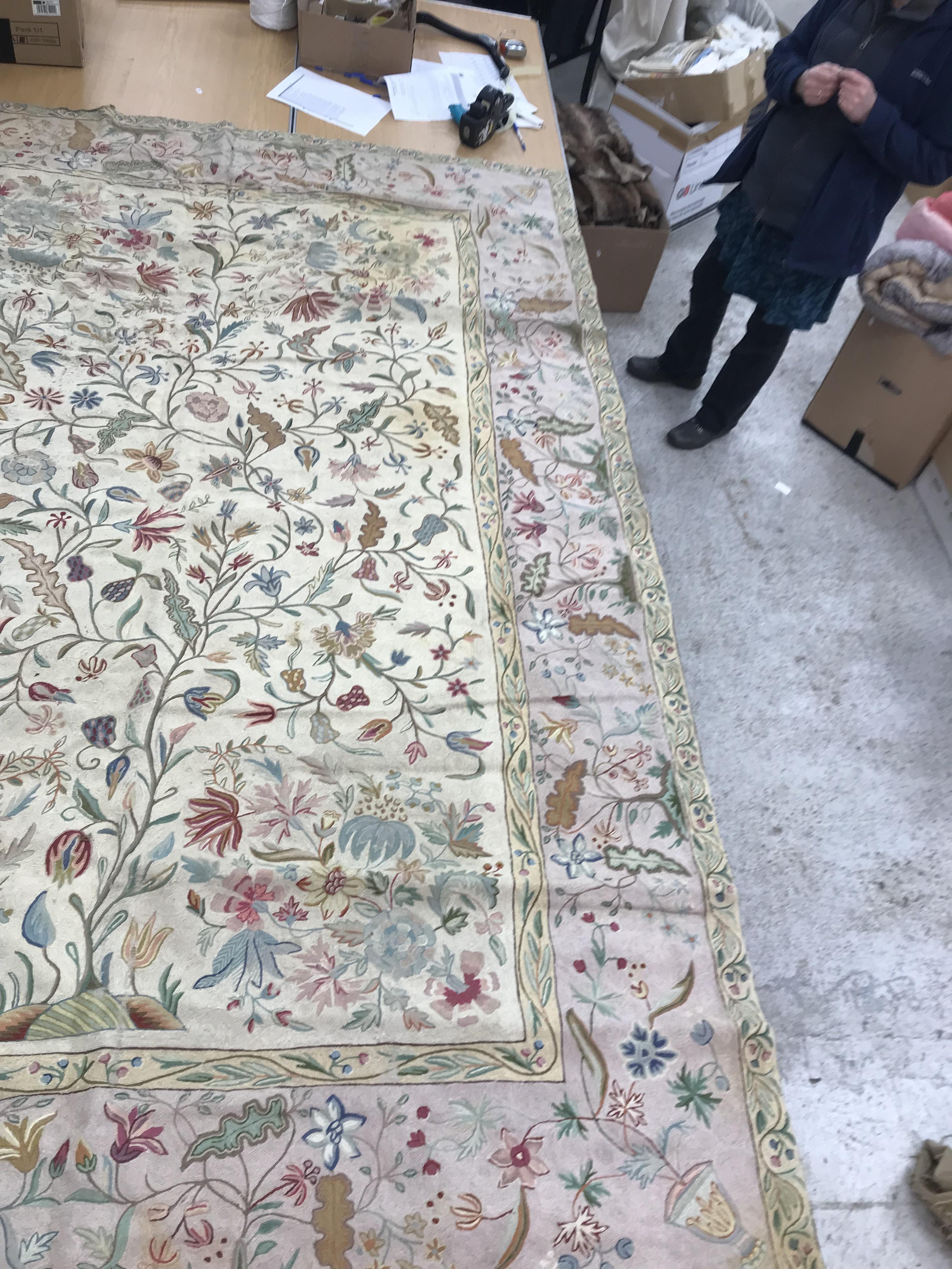 A pair of early 20th Century crewelwork panels with floral decoration on cream and pink grounds, - Image 13 of 21