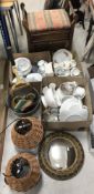 Three boxes of assorted china wares to include various white table wares and vases etc,