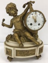 A circa 1900 French gilt bronze and alabaster cased mantel clock,