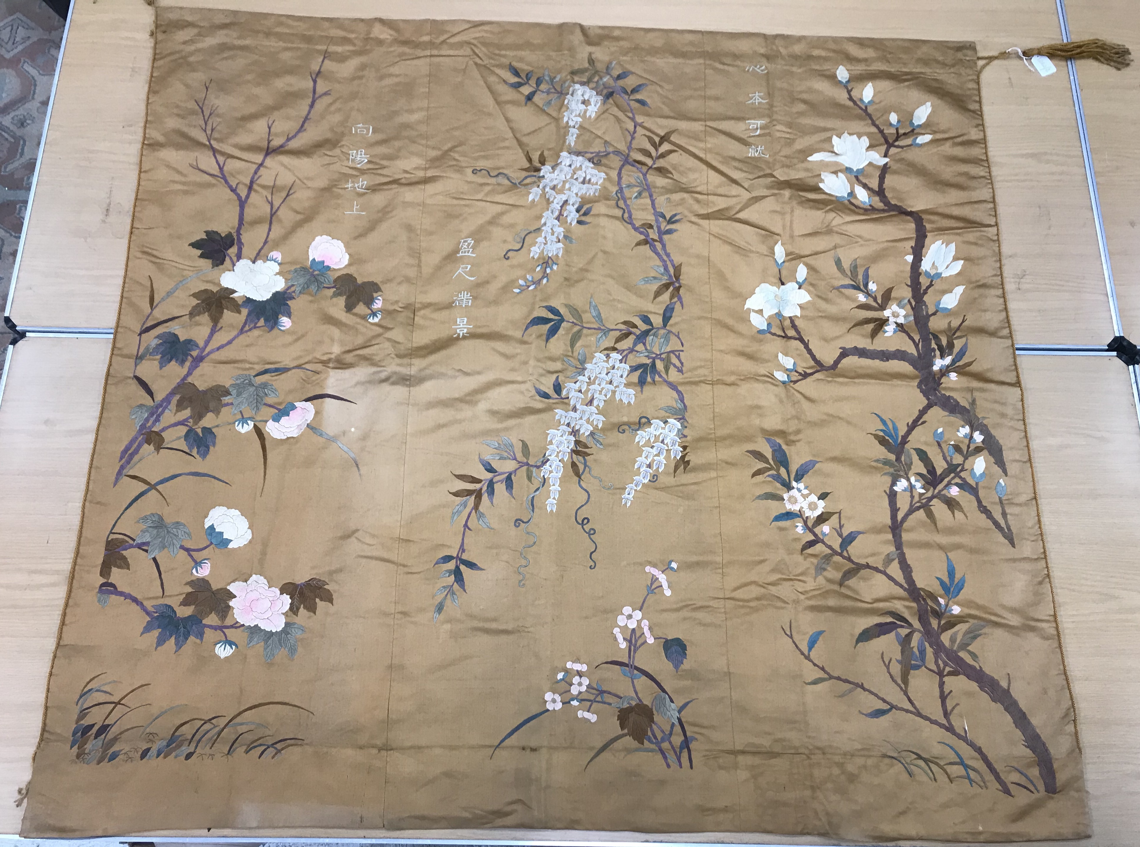 An early 20th Century silk panel set with embroidered floral decoration and Chinese character marks, - Image 3 of 8