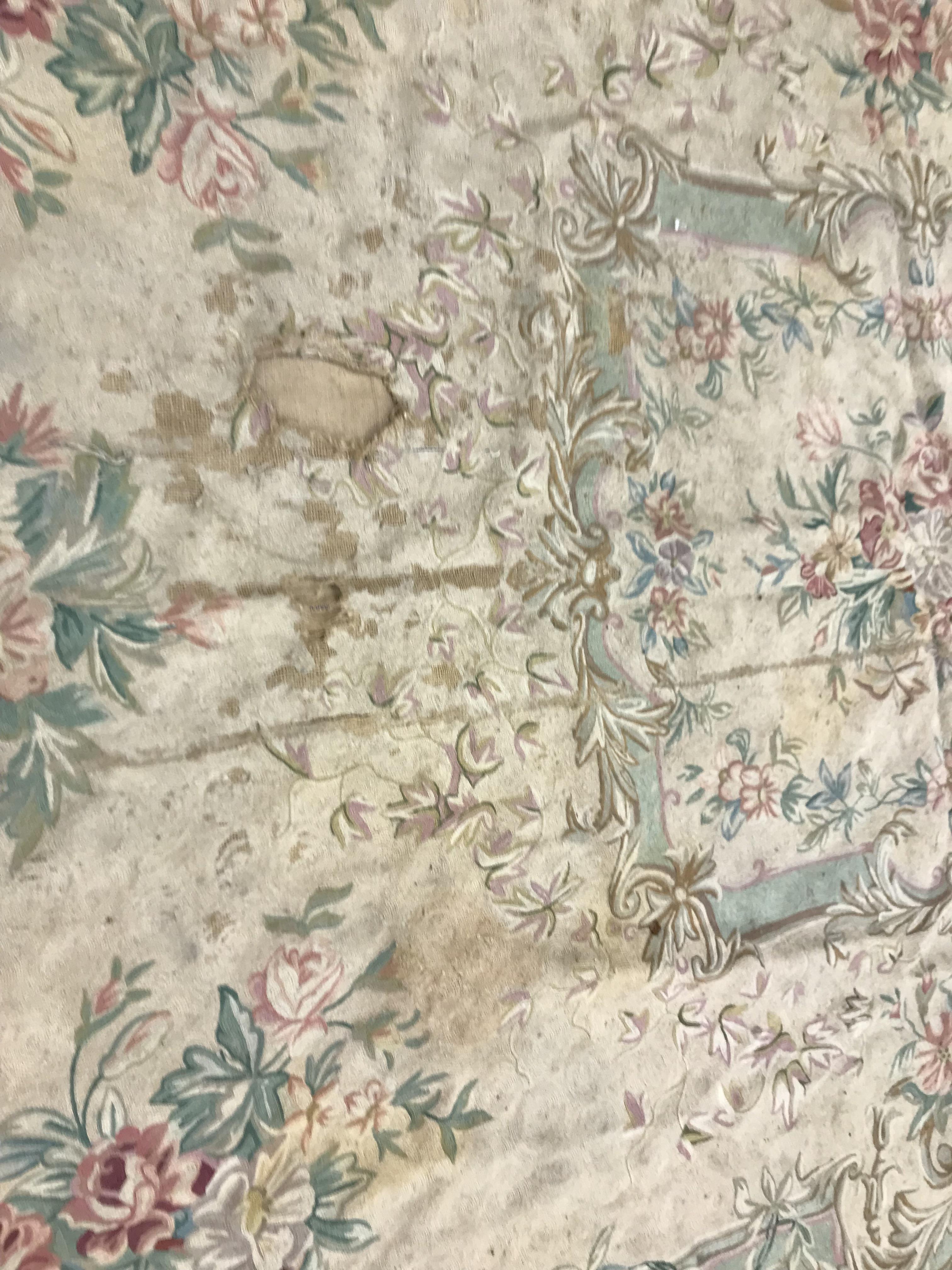 A crewelwork carpet/panel, the cream and green ground set with scrolling foliate design approx. - Image 5 of 16