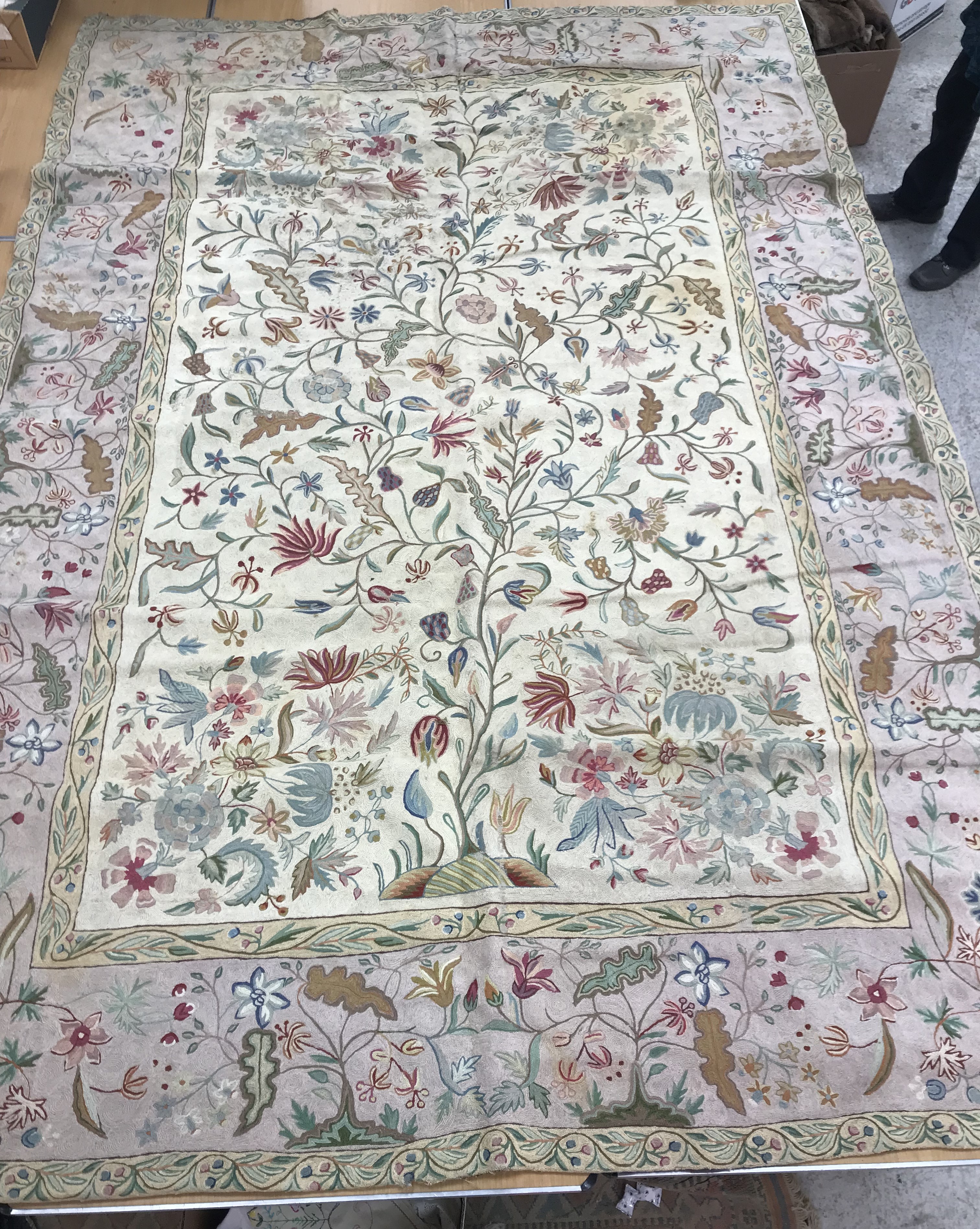 A pair of early 20th Century crewelwork panels with floral decoration on cream and pink grounds, - Image 11 of 21