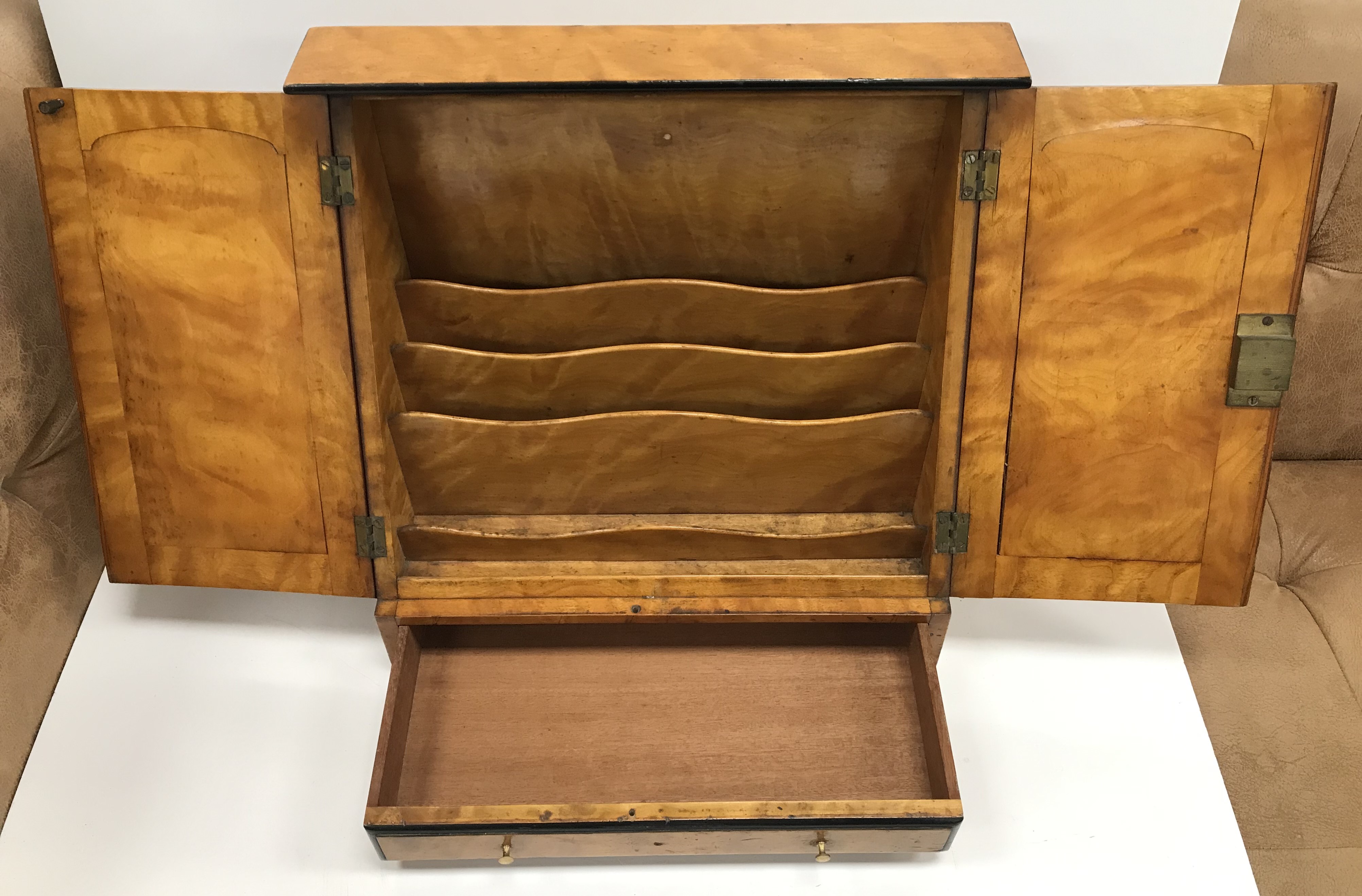A Victorian satinwood slope front stationery box with ebonised beading, - Image 2 of 2