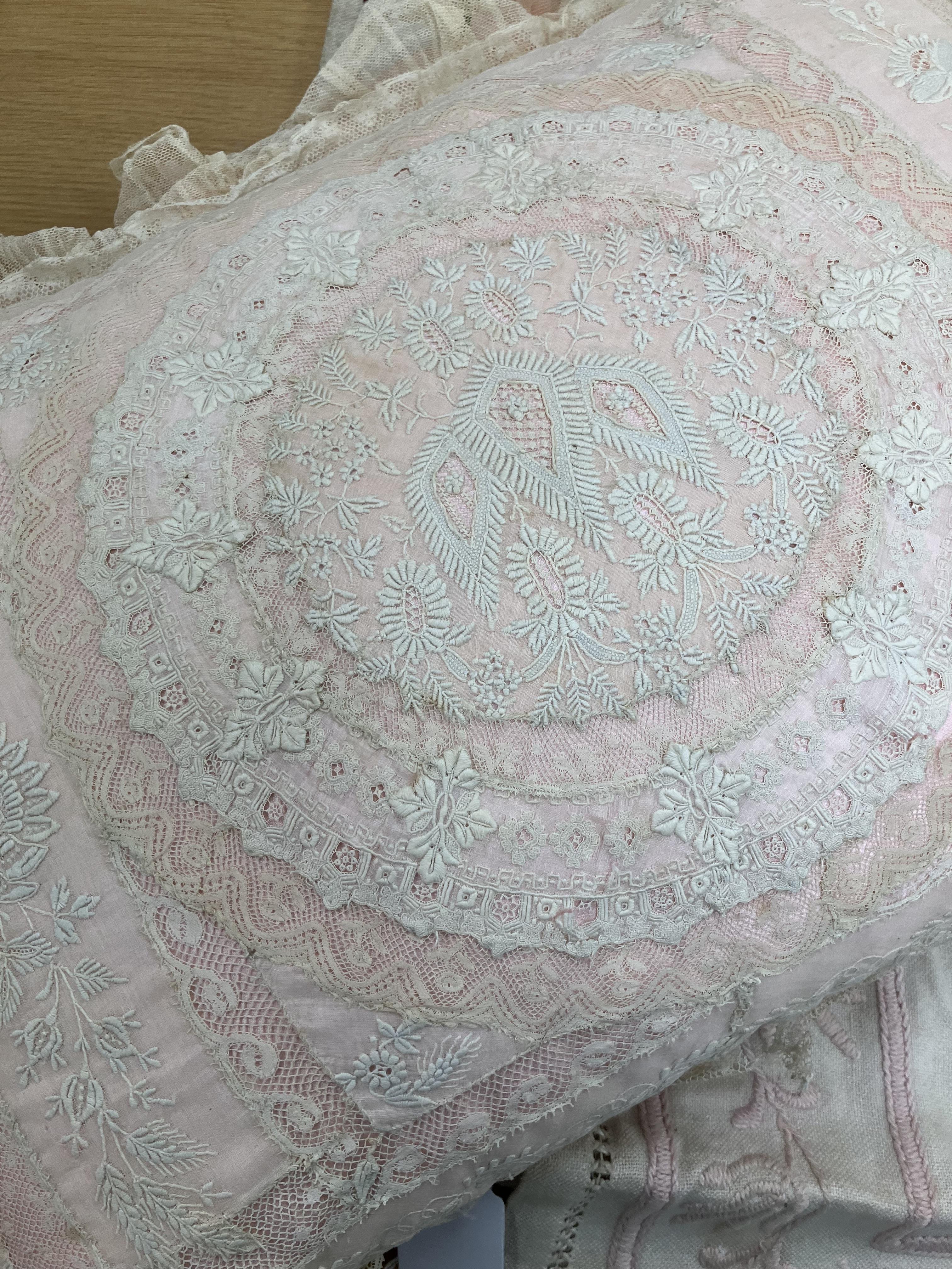 A box containing a late 19th Century lace covered cushion, - Image 3 of 6