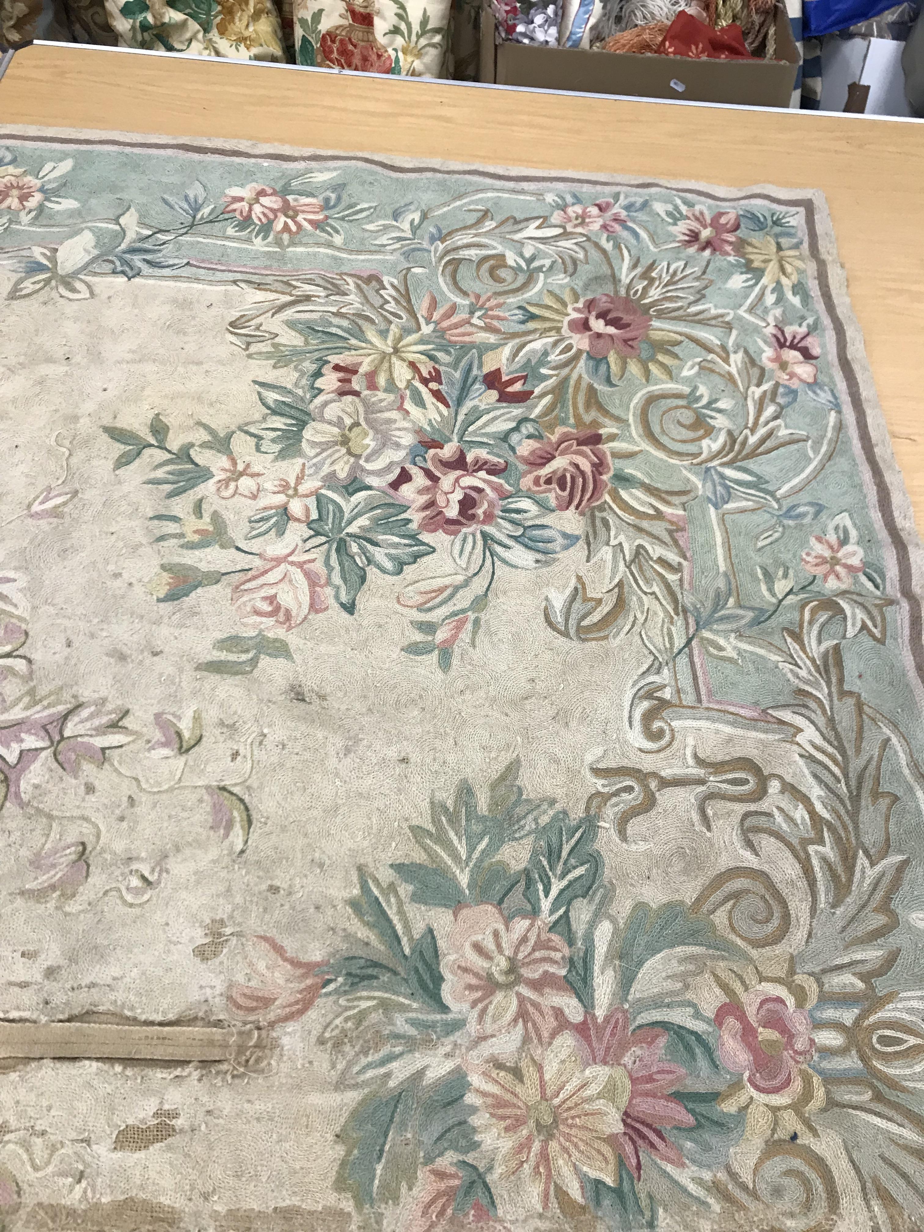 A crewelwork carpet/panel, the cream and green ground set with scrolling foliate design approx. - Image 13 of 16