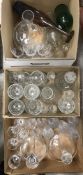 Three boxes of assorted glassware to include a set of six 19th Century slab cut wine glasses,