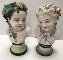 A pair of Jeune Gille polychrome decorated biscuit ware figural busts "Printemps" and "Automne",