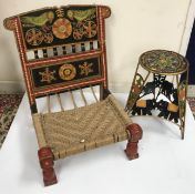 An Indian painted rush seat low chair, 60 cm wide x 52 cm deep x 70 cm high,
