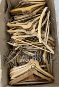 Two boxes of assorted vintage wooden coat hangers approx.