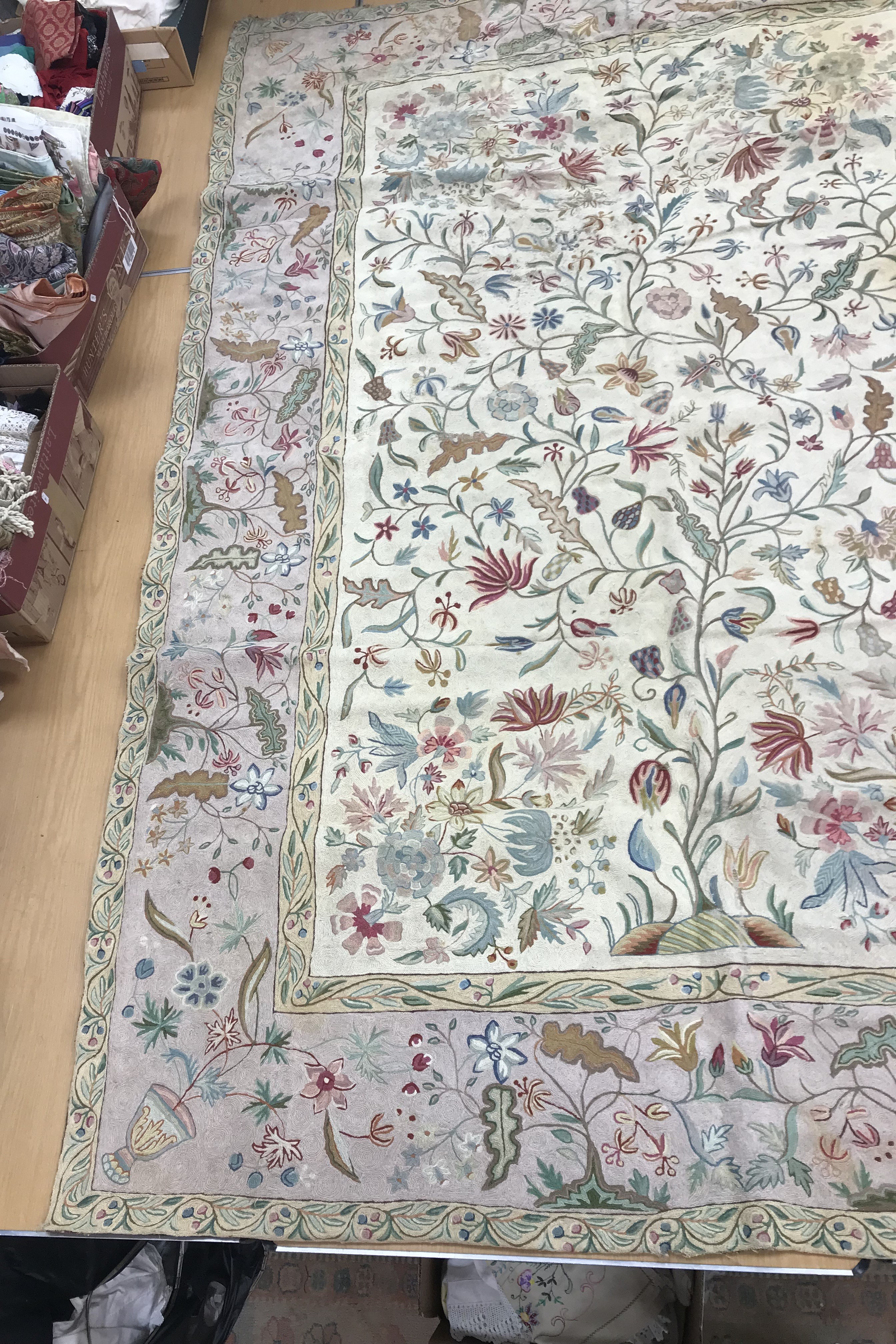 A pair of early 20th Century crewelwork panels with floral decoration on cream and pink grounds, - Image 12 of 21