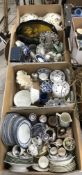 Four boxes of assorted sundry china ware to include a pair of modern Sampson style candlesticks,