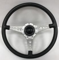 A vintage Classic Car leather covered aluminium Moto-lita steering wheel with central horn
