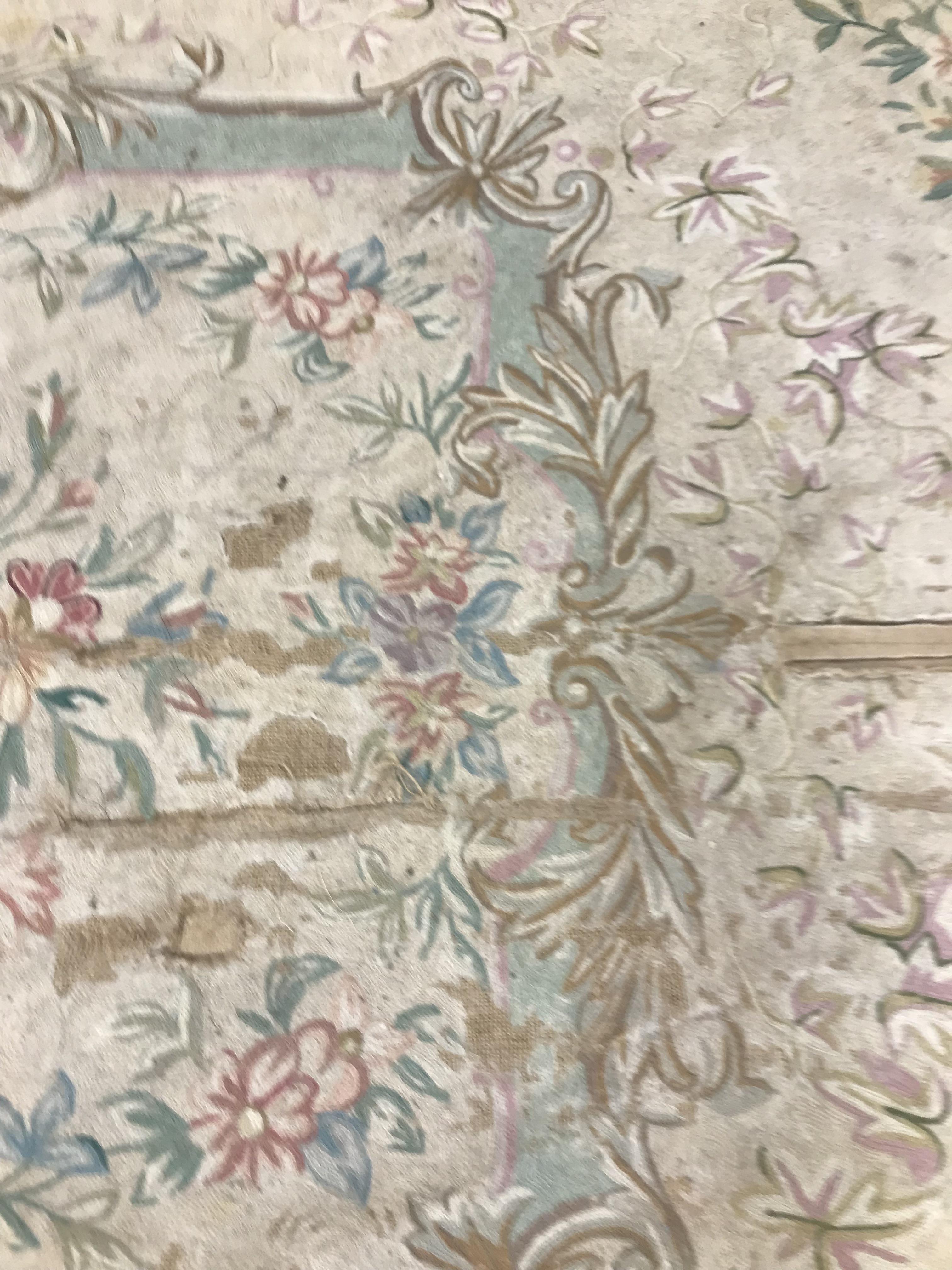 A crewelwork carpet/panel, the cream and green ground set with scrolling foliate design approx. - Image 11 of 16