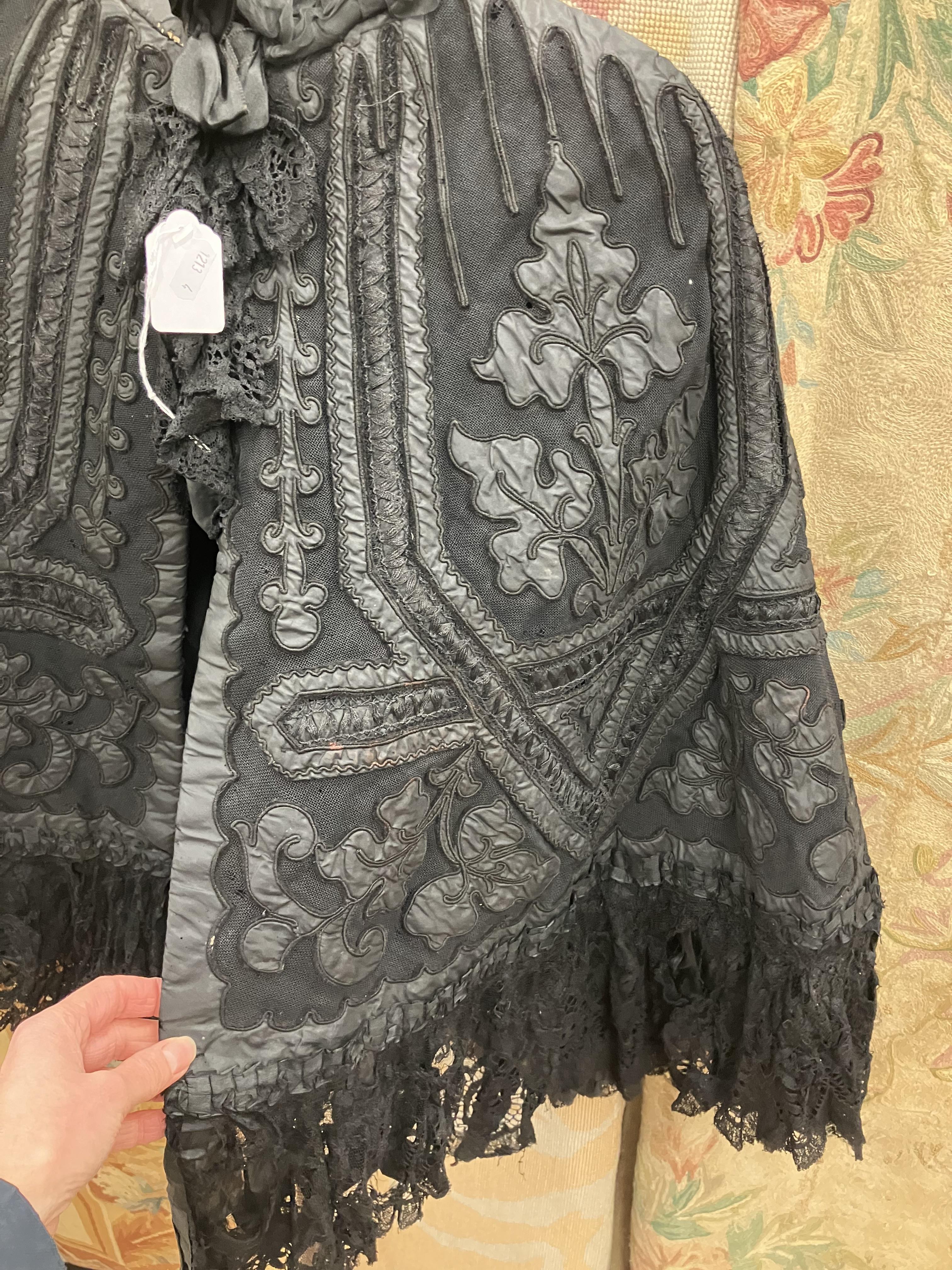 A Victorian mourning cape with applique decoration and lace edge together with a Victorian style - Image 104 of 115