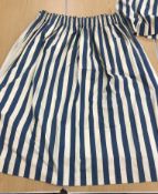 Three pairs of cotton lined curtains with taped pencil pleat headings in blue and white stripe,