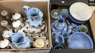 A collection of various Jasperware pottery including an Adams "The Kill" jardiniere,