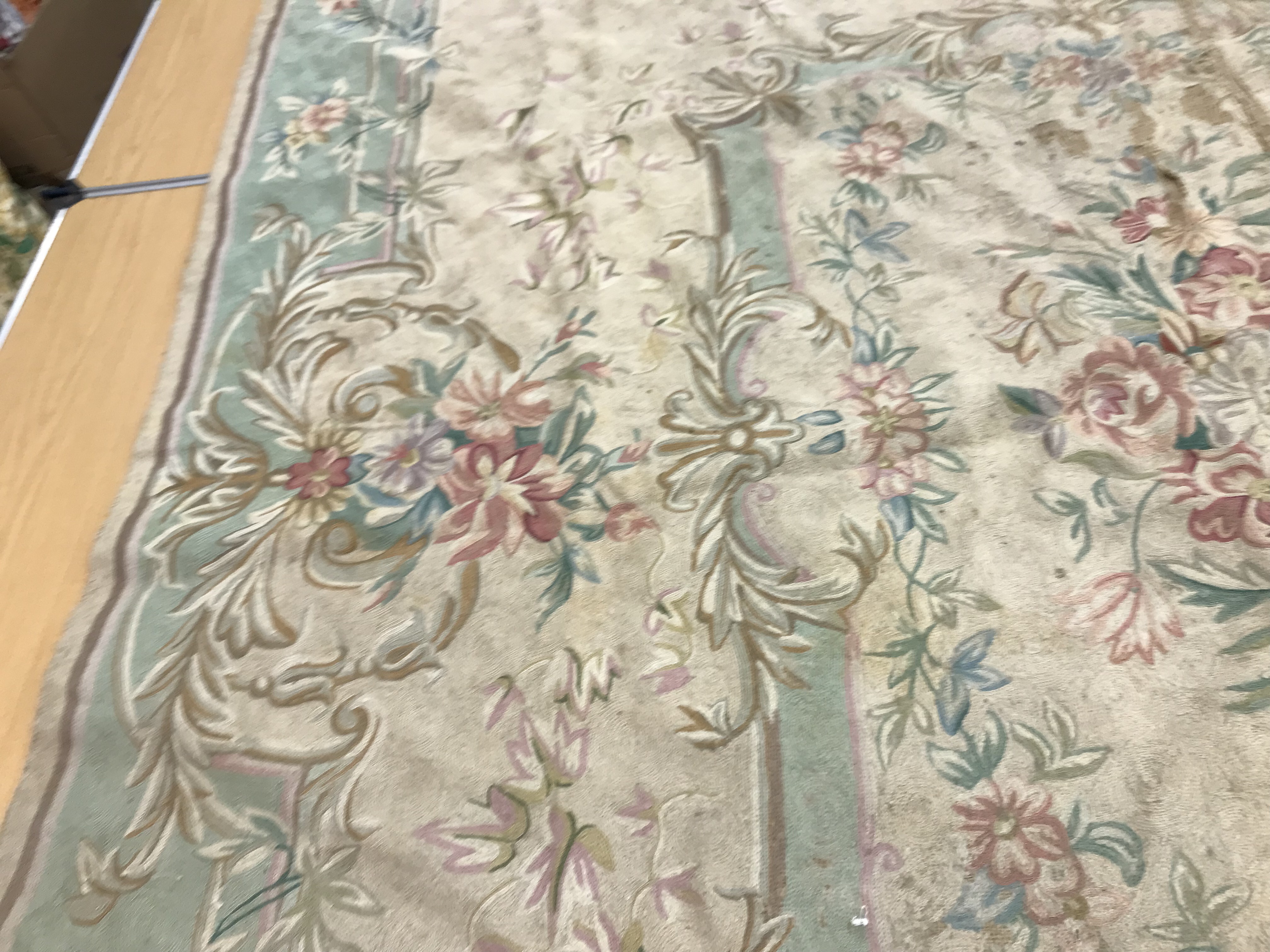 A crewelwork carpet/panel, the cream and green ground set with scrolling foliate design approx. - Image 9 of 16