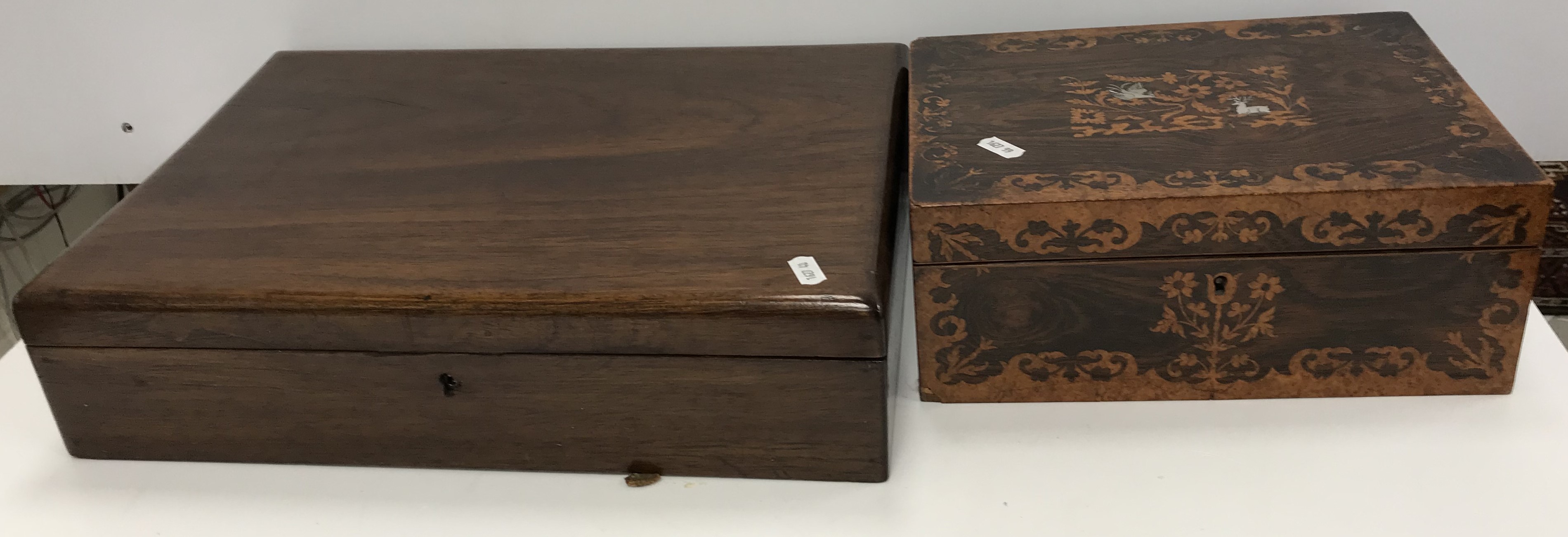 A Victorian rosewood and marquetry inlaid sewing box 28 cm x 20.3 cm x 11.