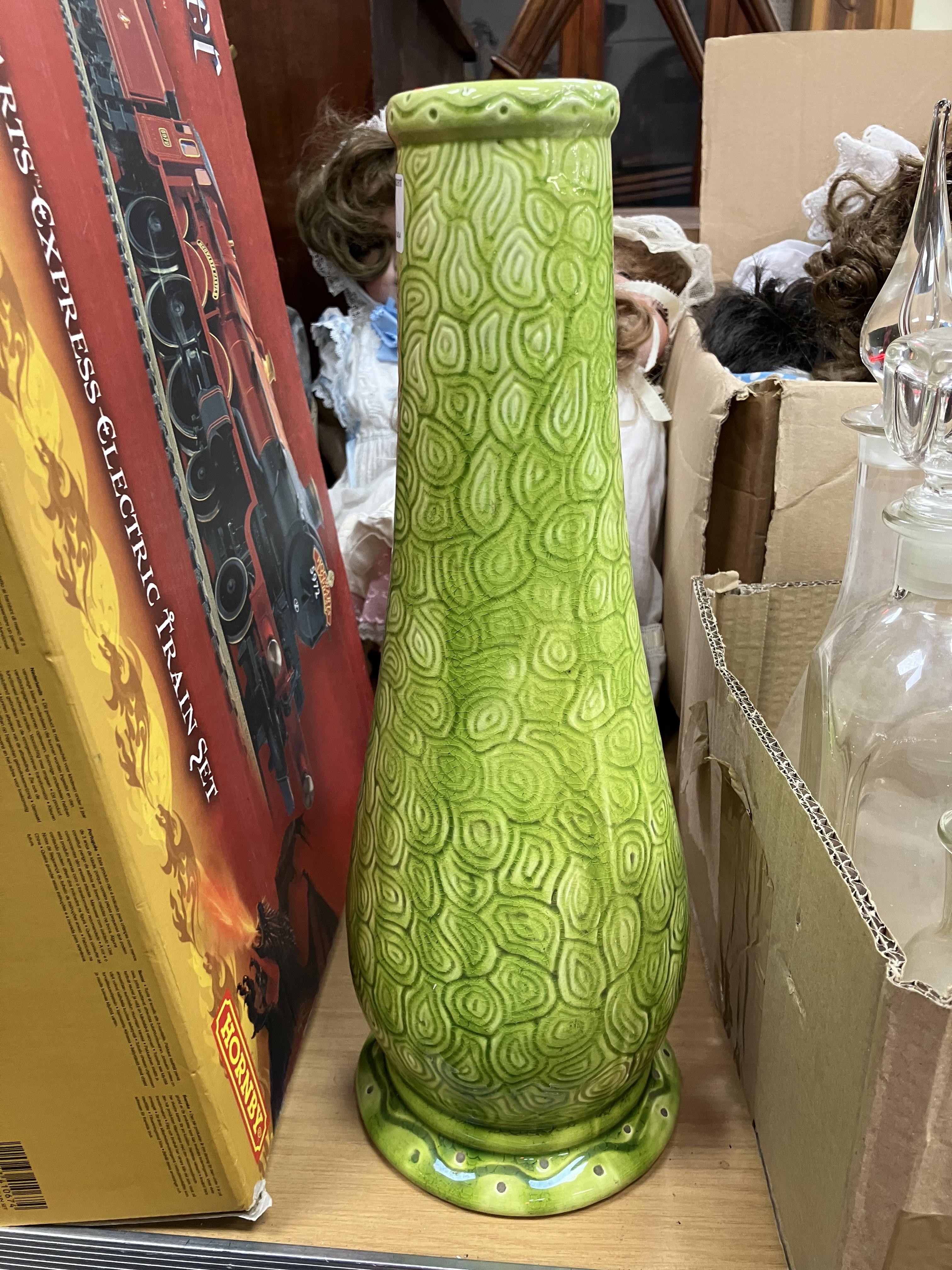 A Burmantofts faience green glazed incised baluster shaped vase on circular foot, stamped and No'd, - Image 16 of 20