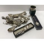 A quantity of silver teaspoons, sugar tongs and a silver napkin ring etc,