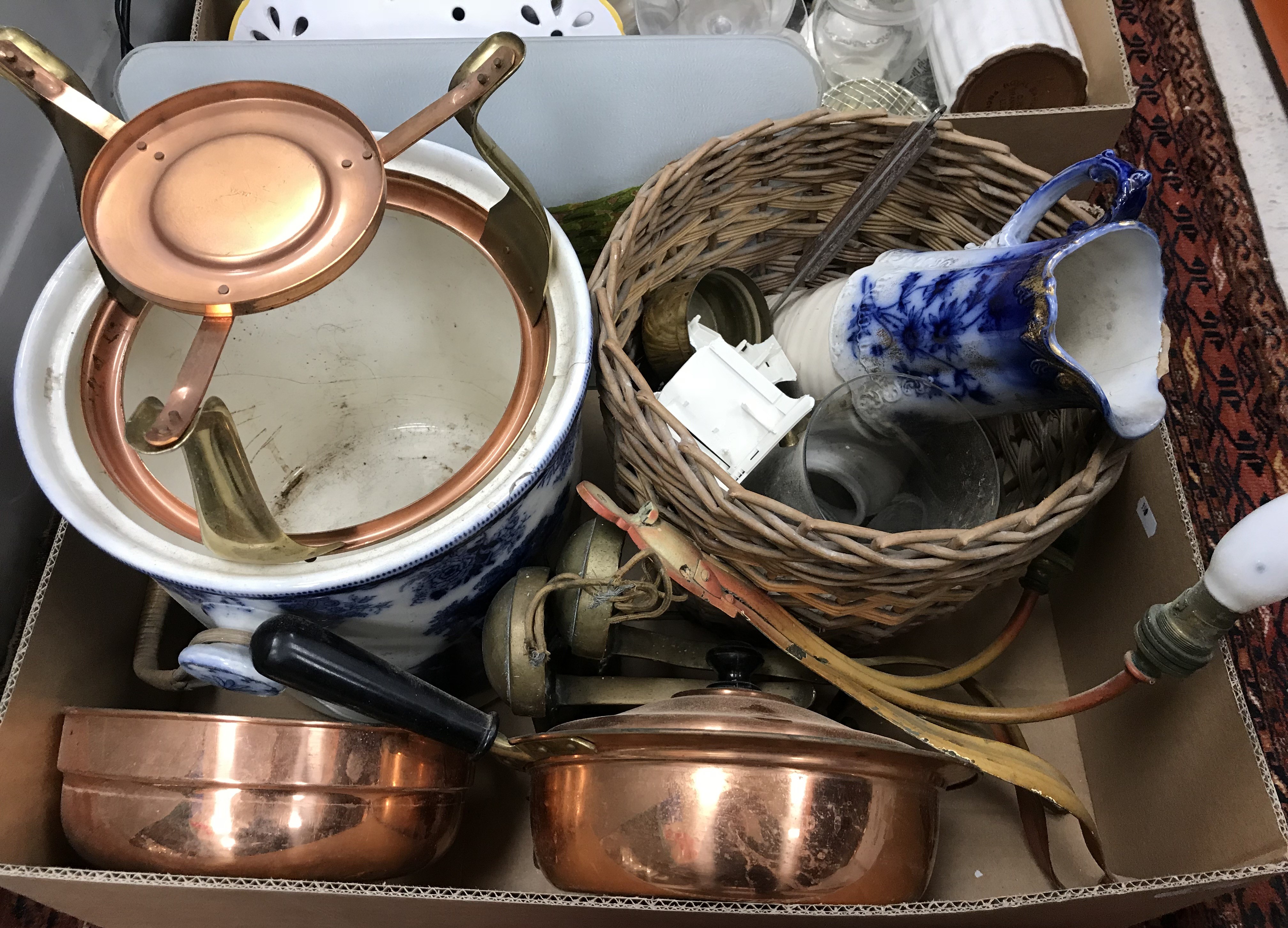 Two boxes of sundry china and glassware to include a pair of brass fire dogs, - Image 2 of 3