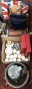 A box containing a set of Jane Temple coffee cans and saucers, a Raynaud Limoges lidded pot,