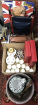 A box containing a set of Jane Temple coffee cans and saucers, a Raynaud Limoges lidded pot,