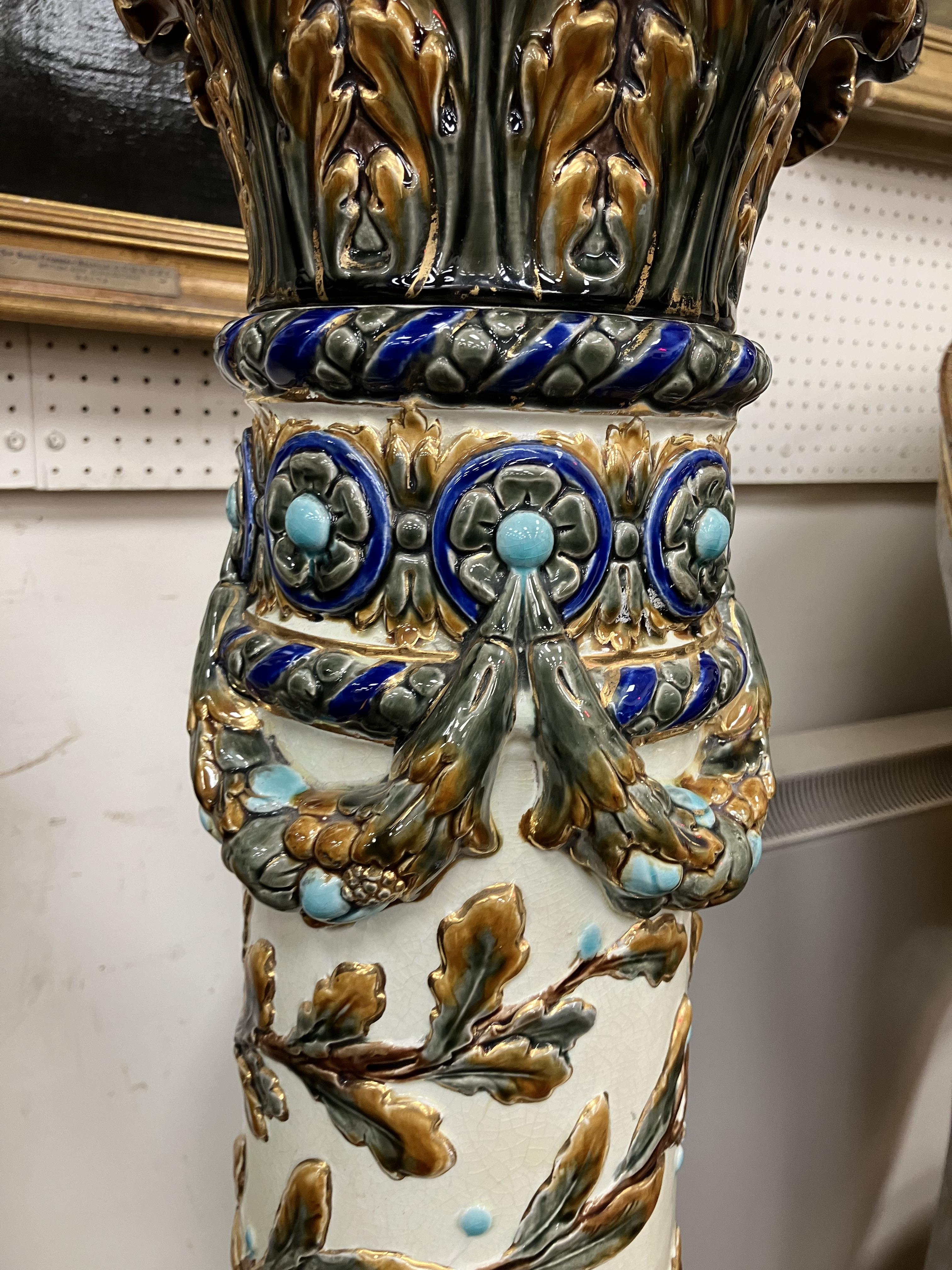 A circa 1900 Swedish majolica urn stand by Rörstand with all over relief work decoration on a - Image 37 of 44