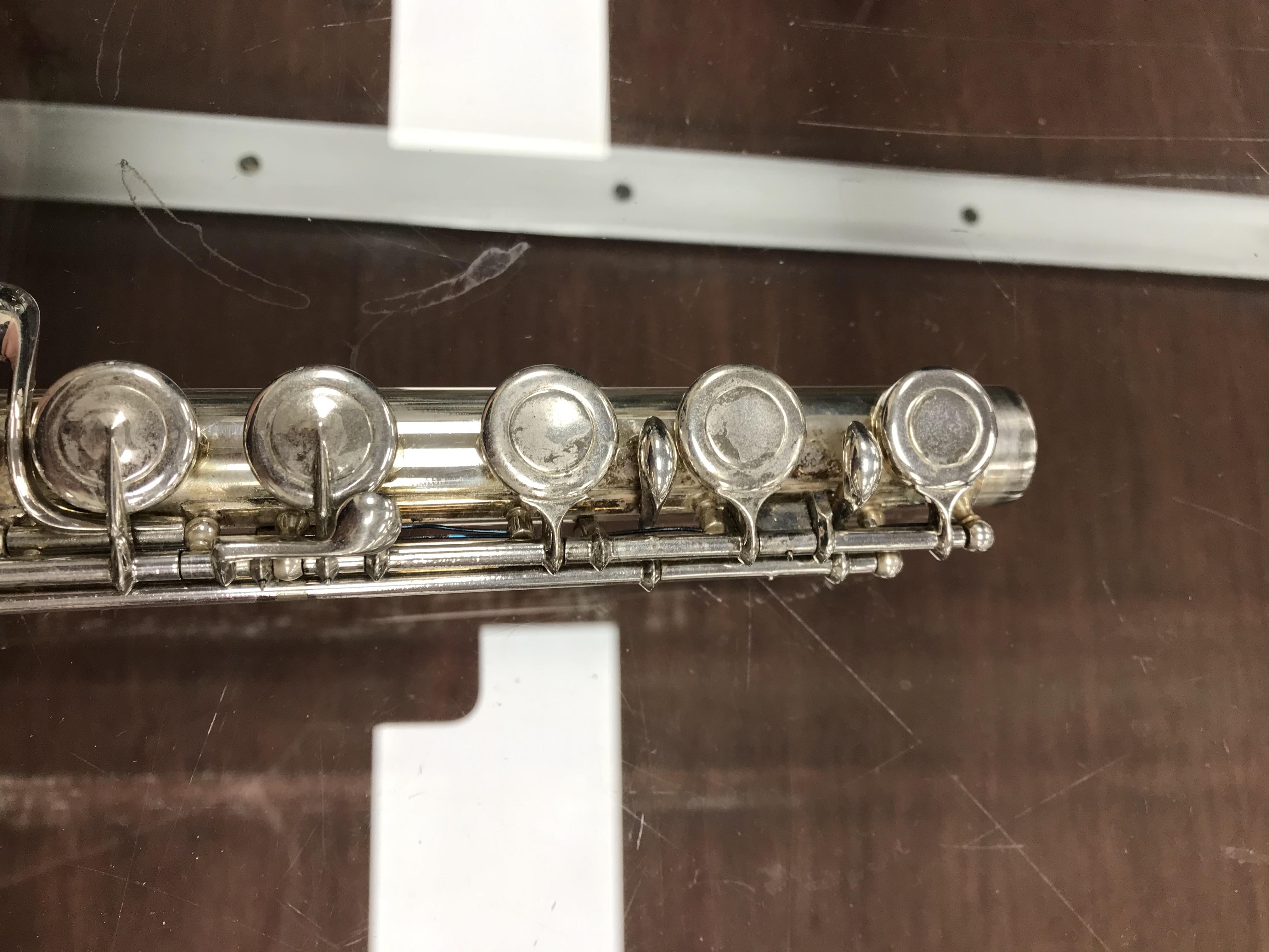 A circa 1947 silver plated flute by Clement Masson bearing engraved maker's mark and date 1947 - Image 6 of 17