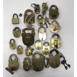 A collection of 20 various Victorian and later brass padlocks, 16 with keys,
