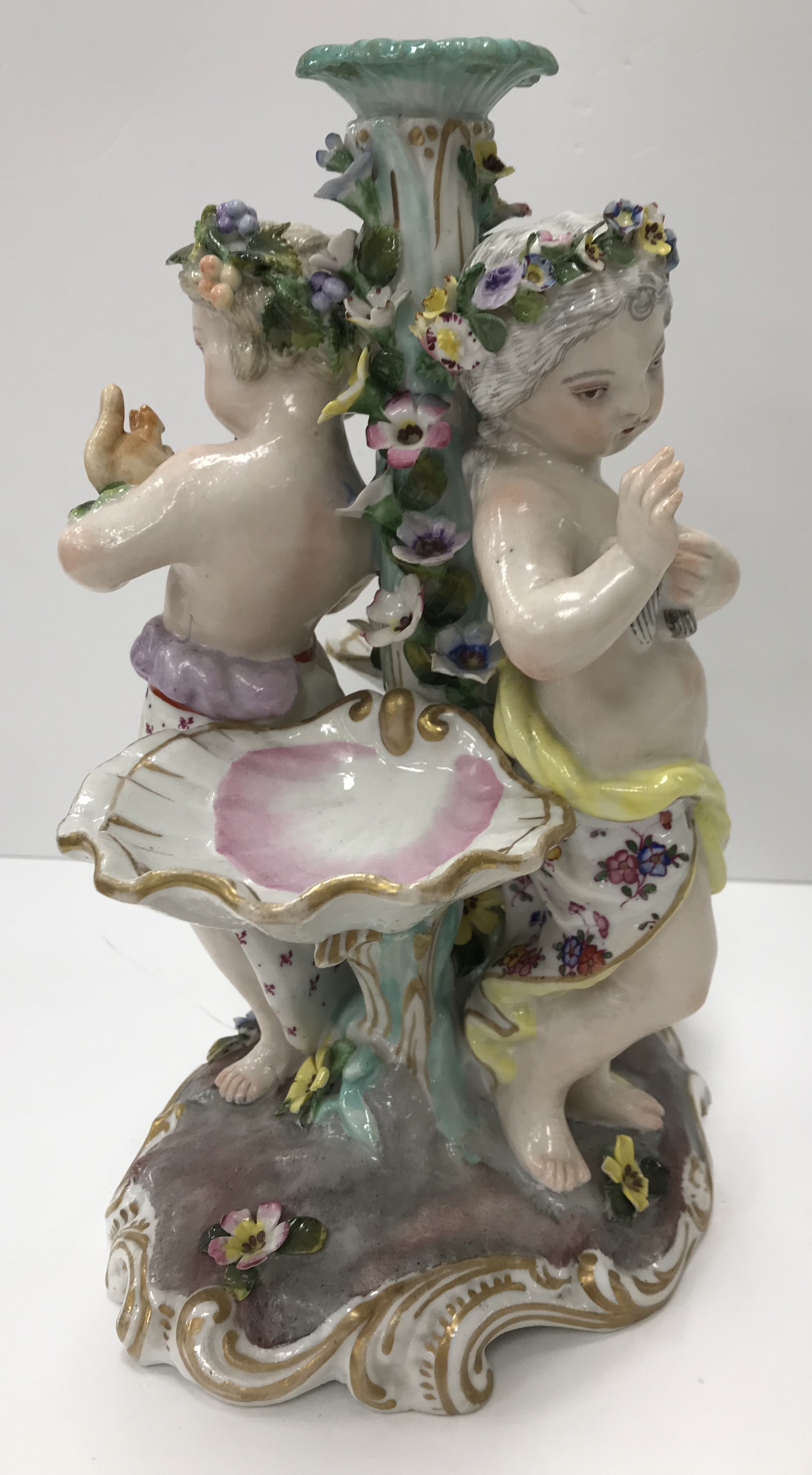 A Meissen style table centre base of two putti, one with squirrrel, - Image 3 of 4