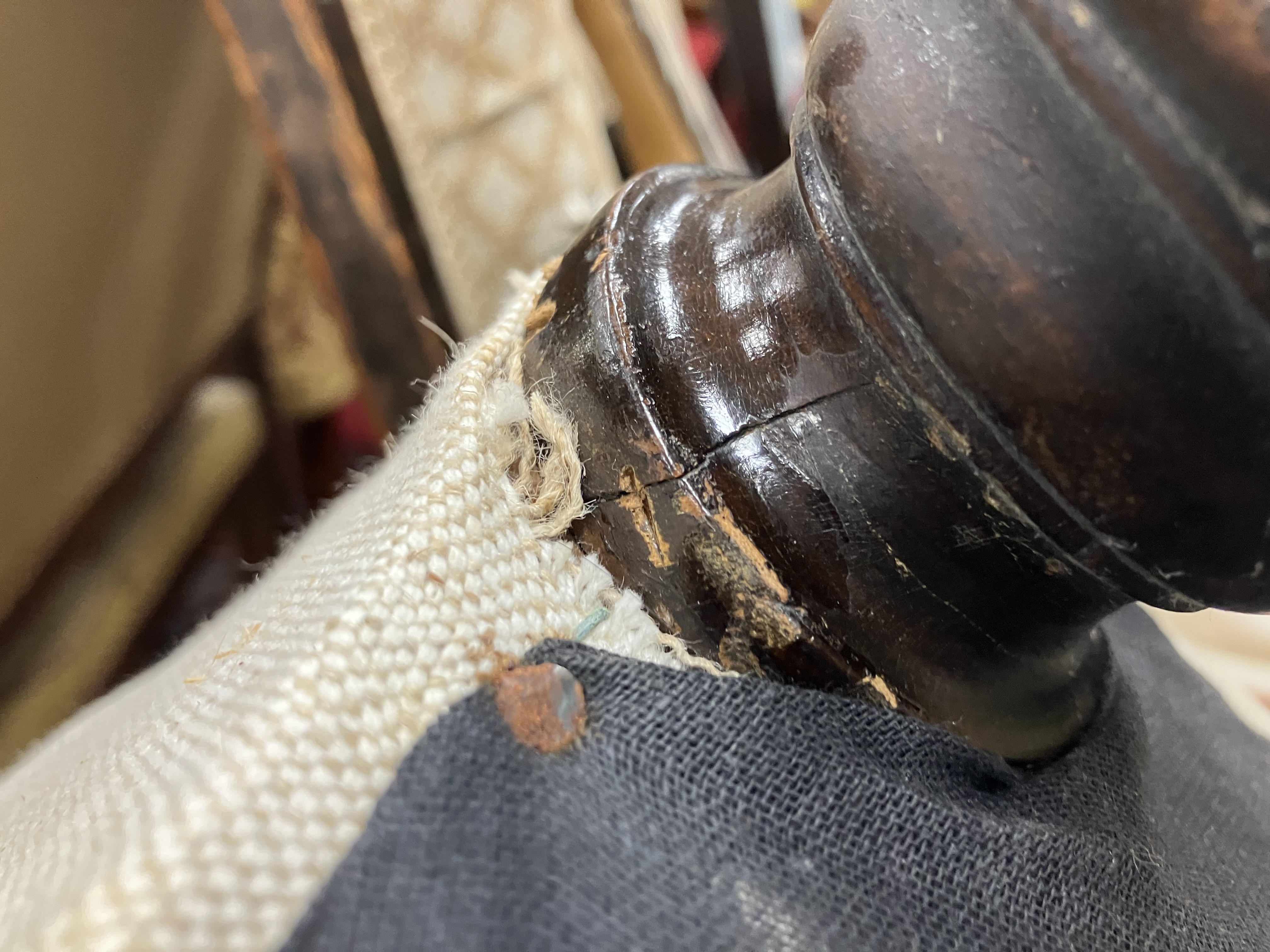 A Victorian upholstered scroll arm chair on ebonised turned front legs to later brass castors, - Image 20 of 52