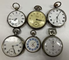 A collection of six silver / white metal fob and pocket watches,