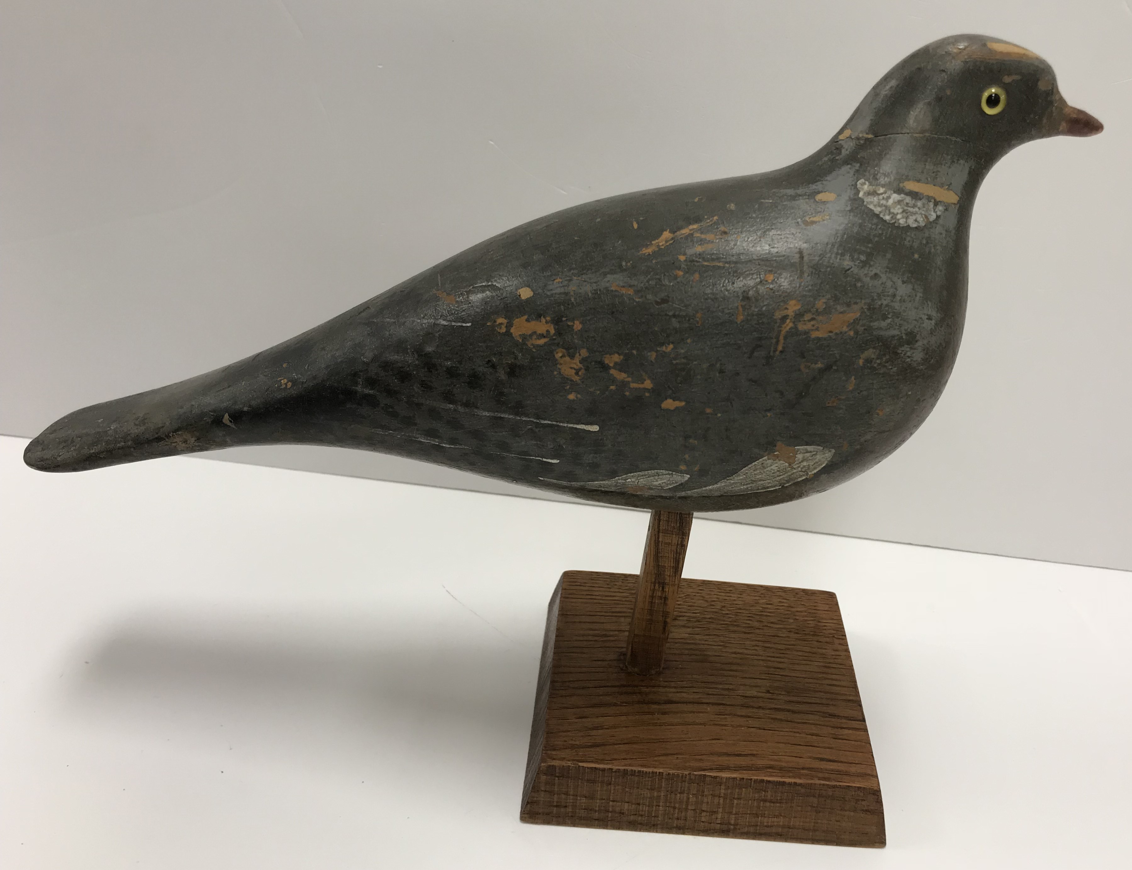 A 19th Century painted treenware pigeon decoy with glass eyes on a later oak pedestal stand 31. - Image 2 of 25