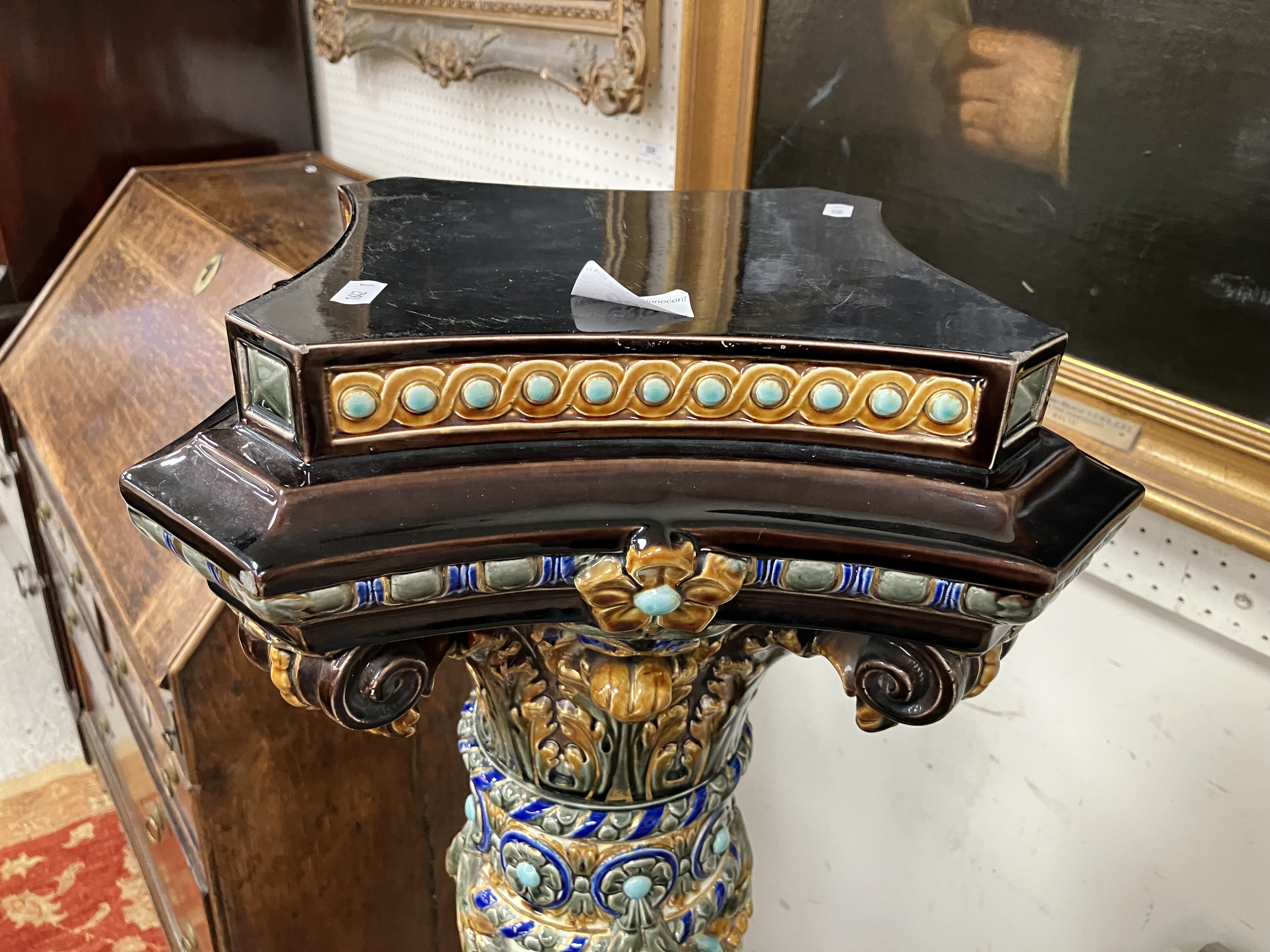 A circa 1900 Swedish majolica urn stand by Rörstand with all over relief work decoration on a - Image 43 of 44