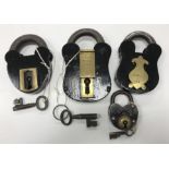 A collection of four black painted iron and brass padlocks including a Baron's Real 2 lever lock, 9.
